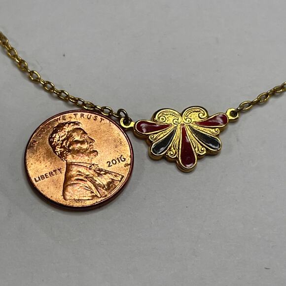 Gold tone enameled necklace costume jewelry vintage or vintage look green red - Picture 6 of 10